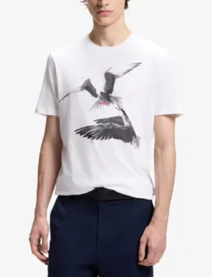 HUGO Bird-Print Short-Sleeved Cotton-Jersey T-Shirt detail 3