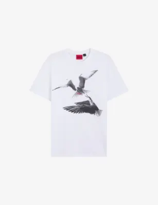 HUGO Bird-Print Short-Sleeved Cotton-Jersey T-Shirt