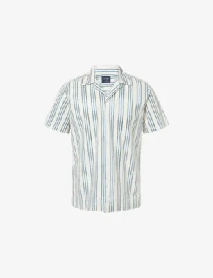 DRAKES Tri-Stripe Short-Sleeve Cotton Shirt