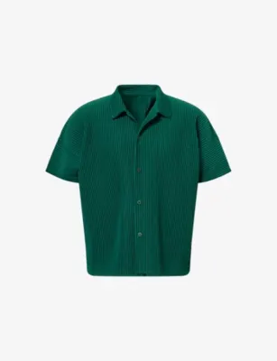 HOMME PLISSE ISSEY MIYAKE Basics Pleated Knitted Shirt - Natural Wine Red in Pf Fence Green – Mens | Tops & t-shirts | Polo shirts | Short sleeve