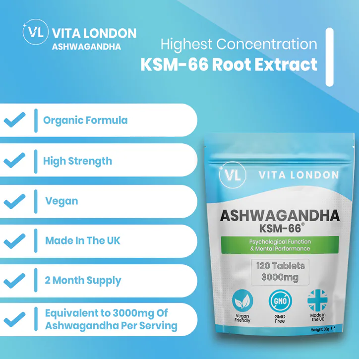 Vita London Ashwagandha KSM 66 High Strength Tablets 3000mg 120 Tablets detail 3