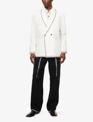 KARTIK RESEARCH Double-Breasted Contrast-Embroidered Linen Jacket in ECRU, additional product view 2
