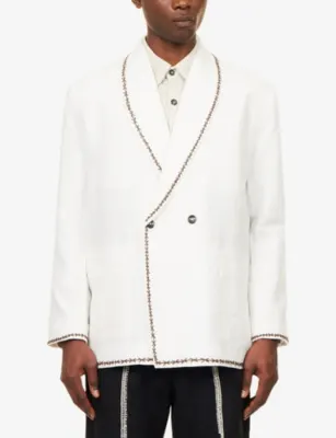 KARTIK RESEARCH Double-Breasted Contrast-Embroidered Linen Jacket in ECRU, additional product view 3