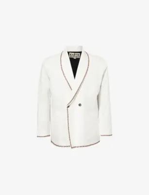 KARTIK RESEARCH Double-Breasted Contrast-Embroidered Linen Jacket in ECRU – Mens | Blazers | Formal blazers