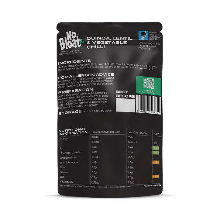 NO BLOAT Quinoa, Lentil & Vegetable Chilli 4 x 50g Pouches, additional product view 2