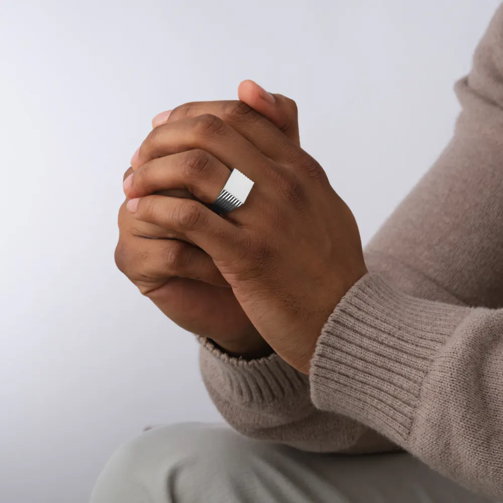 For Him Sterling Silver Ridged Square Signet Ring detail 2