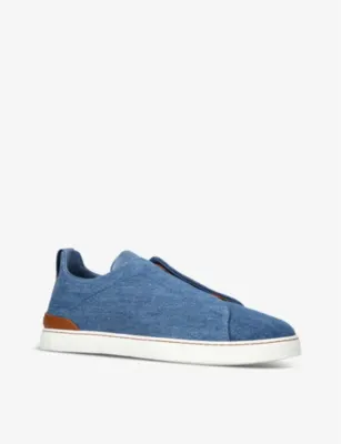 ZEGNA Triple Stitch contrast-sole denim low-top trainer - EUR 44 / 10 UK MEN in Blue, additional product view 3