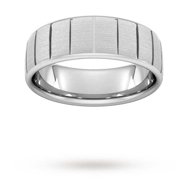 For Him 8mm D Shape Standard Vertical Lines Wedding Ring In 18 Carat White Gold