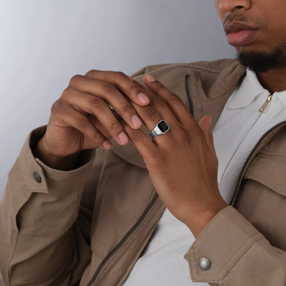 For Him Sterling Silver Cushion Shaped Onyx Signet Ring detail 2