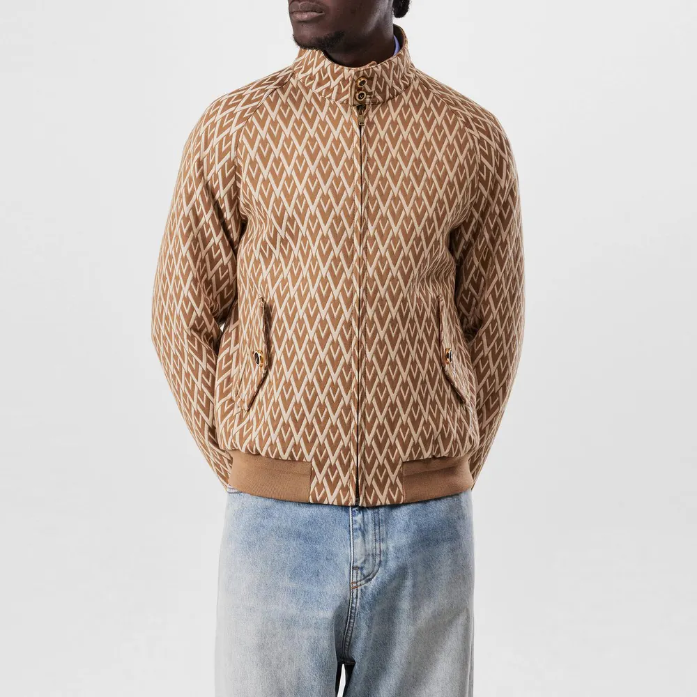 Valentino Men's All Over Logo Wool Long Sleeve Softshell Jacket in Camel/Cream, additional product view 3