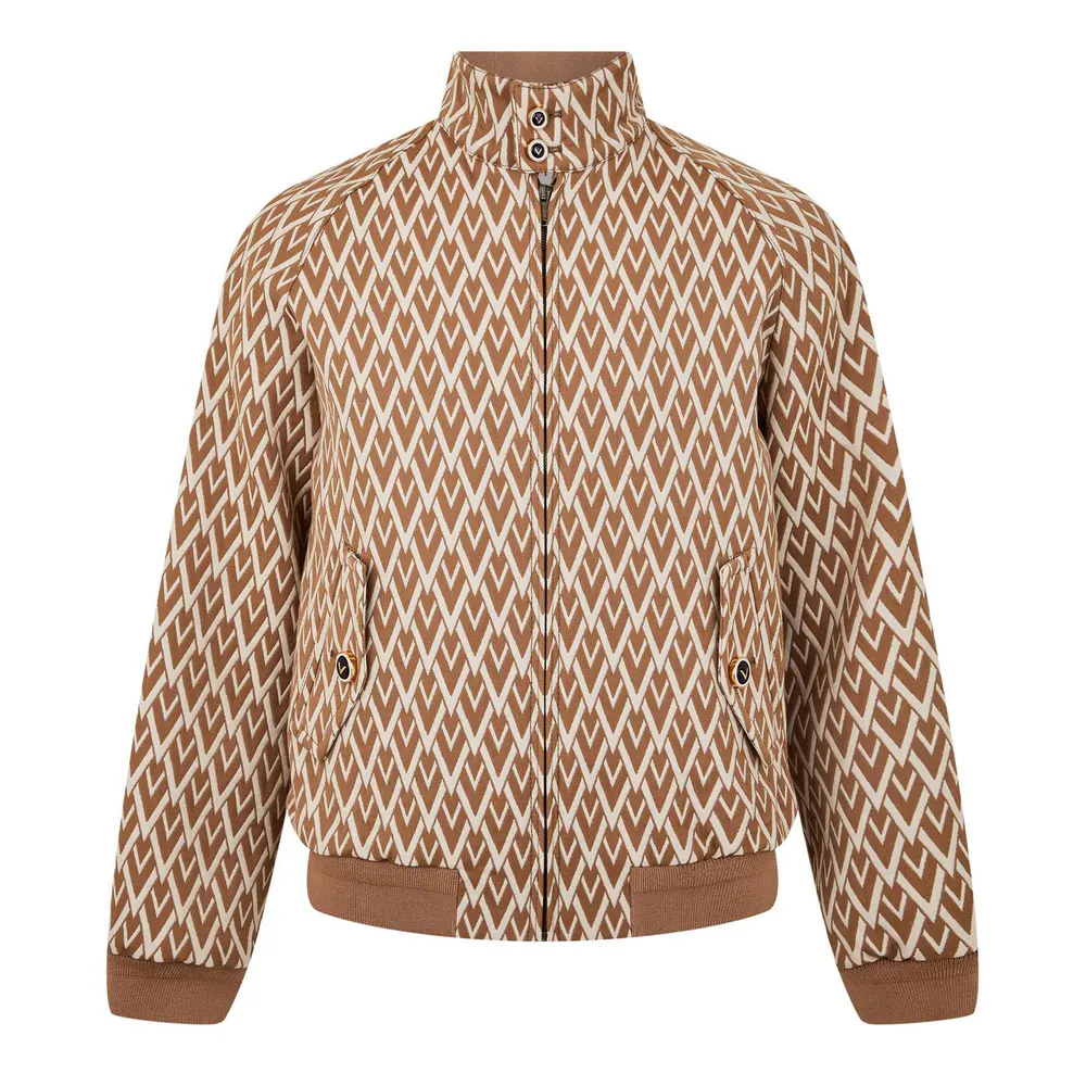 Valentino Men's All Over Logo Wool Long Sleeve Softshell Jacket in Camel/Cream – Clothing