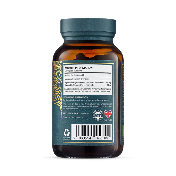 Ayurvediq Organic Ashwaganda & Black Pepper Extract Capsules120 Capsules, additional product view 2