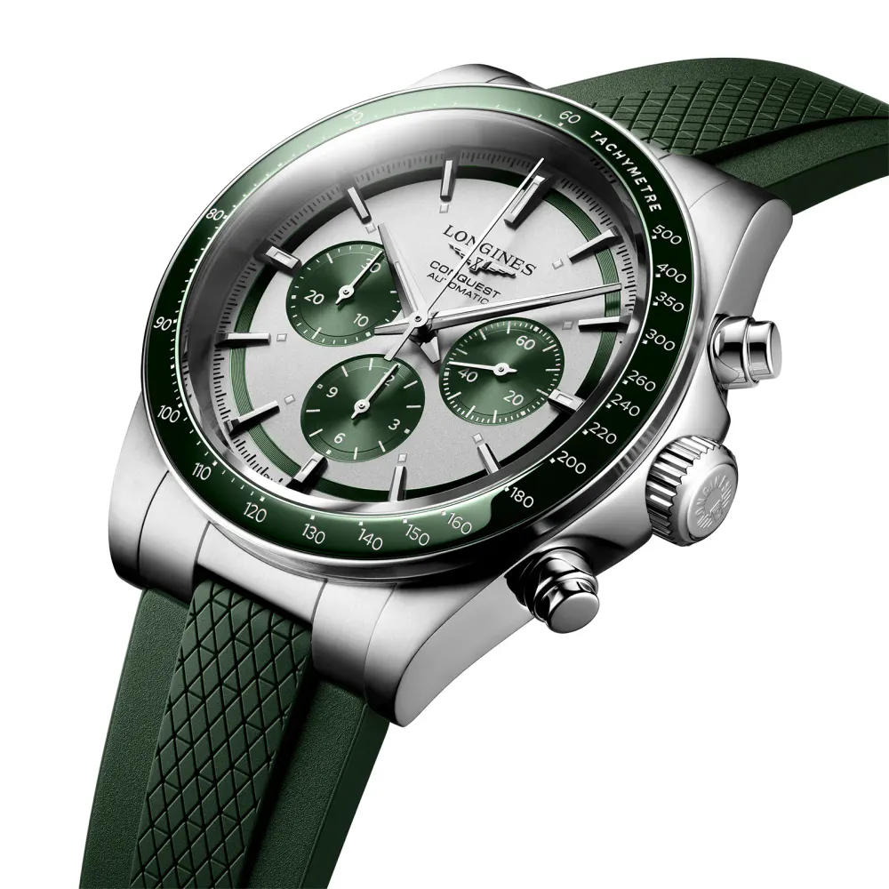 Longines Conquest 42mm Mens Watch Green Rubber Strap detail 3