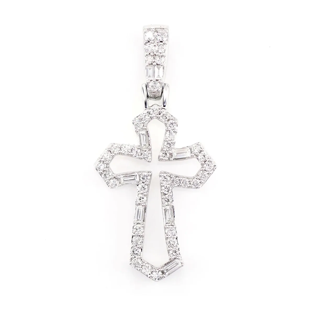For Him Tapered Open Round and Baguette Diamond Cross Pendant