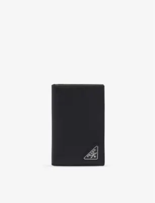 PRADA Logo-plaque leather bifold wallet - BURGUNDY