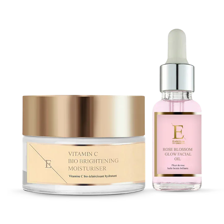 Erth Skin London Rose Blossom Glow Facial Oil 30ml + Vitamin C Bio Brightening Moisturiser 50ml