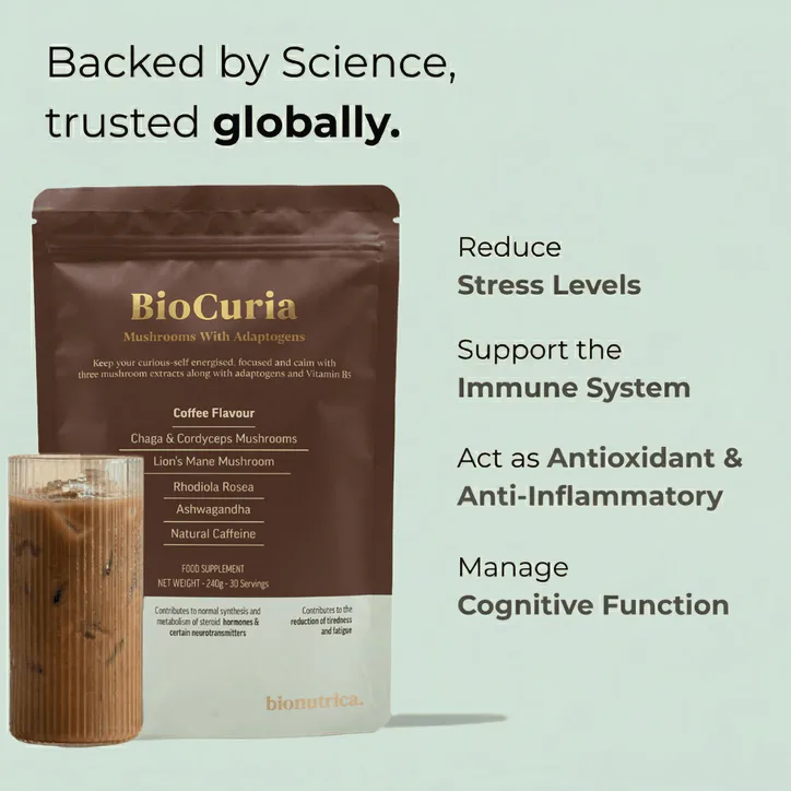 Bionutrica BioCuria Premium Mushroom Coffee with Adaptogens & Vitamin B5 for Energy & Focus 240 g detail 2