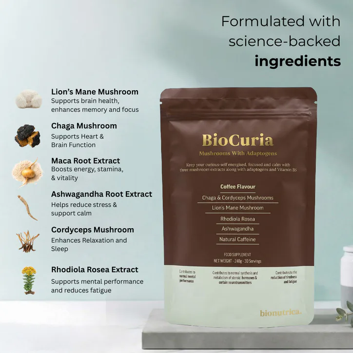 Bionutrica BioCuria Premium Mushroom Coffee with Adaptogens & Vitamin B5 for Energy & Focus 240 g detail 3