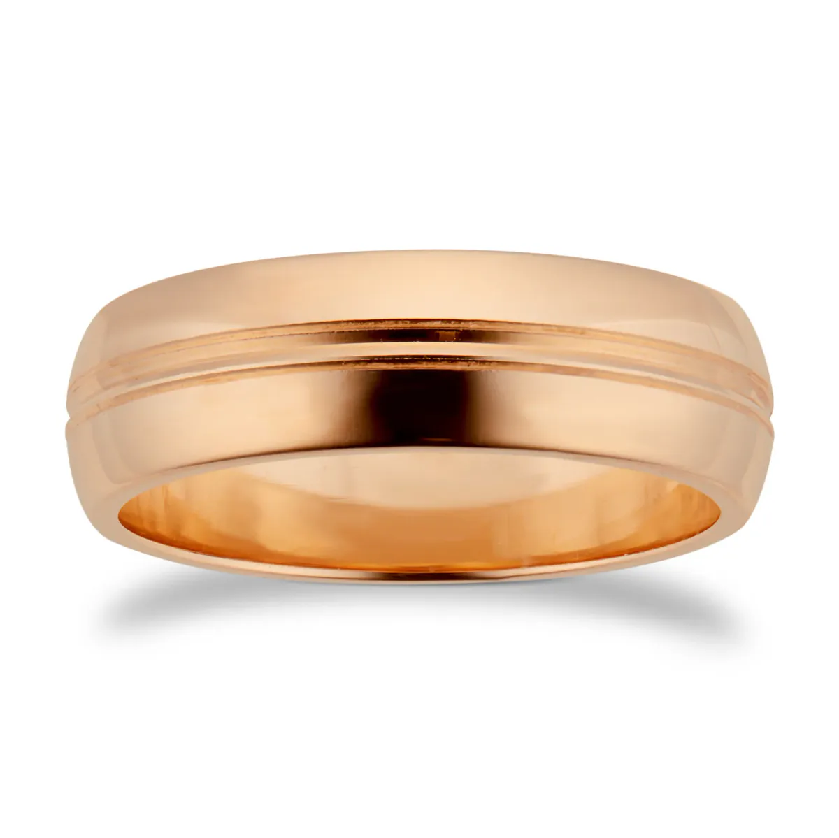For Him 6mm D Shape Heavy Grooved Polished Finish Wedding Ring In 18 Carat Rose Gold