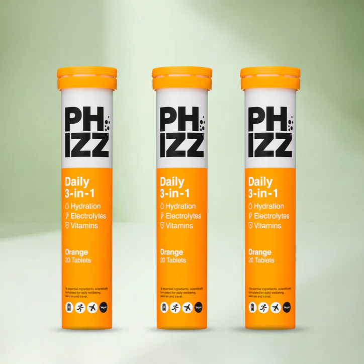 Phizz Daily Energy 3-In-1 Formula, Hydration, Electrolytes & Vitamins Effervescent Tablets Orange 20 Tablets 3 x 20 Tablets Bundle