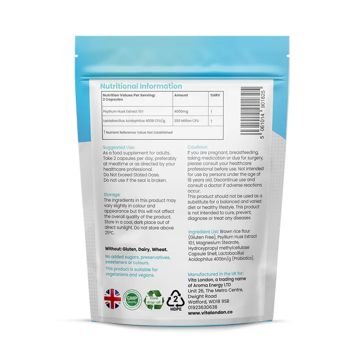 Vita London Psyllium Husk Capsules Fibre + Probiotic Acidophilus 4000mg 60 Capsules detail 2