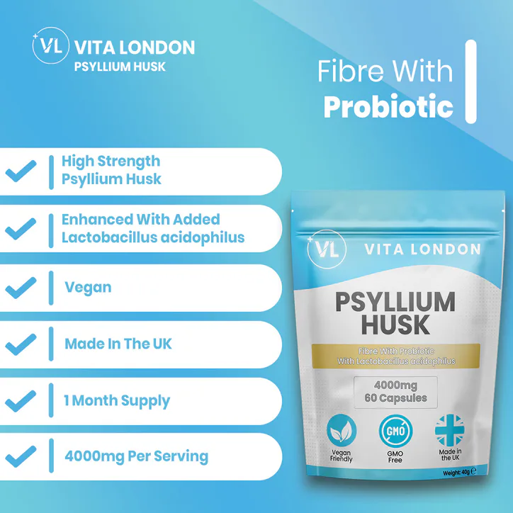 Vita London Psyllium Husk Capsules Fibre + Probiotic Acidophilus 4000mg 60 Capsules detail 3
