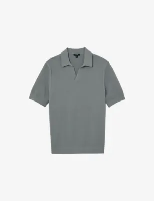 REISS Leon Open-Collar Textured Cotton-Blend Polo - STEEL BLUE