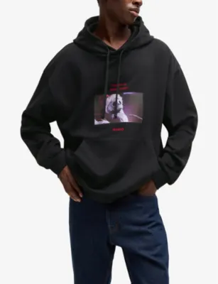 HUGO Drawstring-hood graphic-print cotton-jersey hoody detail 3