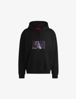 HUGO Drawstring-hood graphic-print cotton-jersey hoody