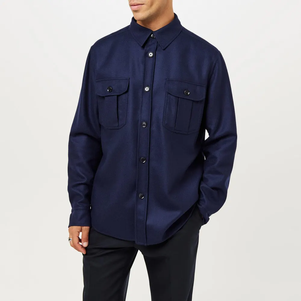 Brioni Men's Mother-of-Pearl Button Natural Stretch Overshirt in Navy, additional product view 3