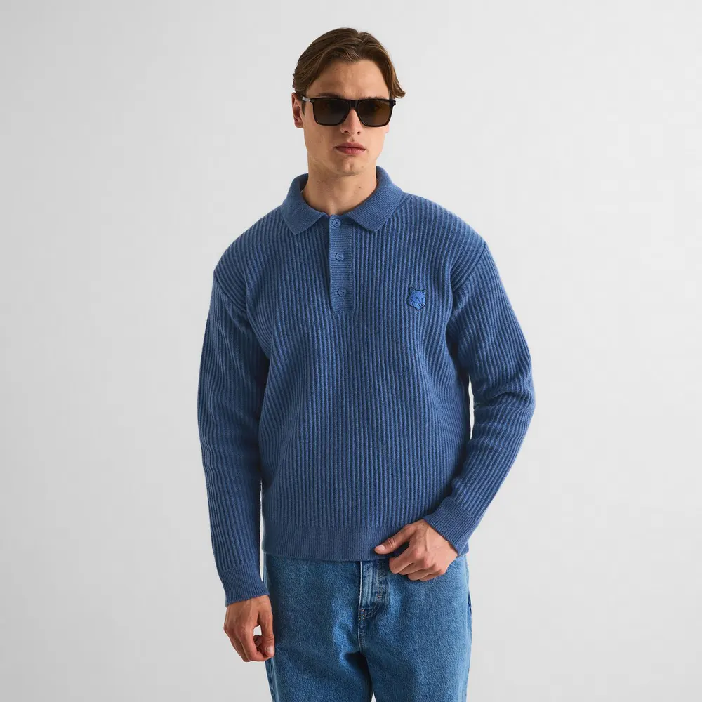 Maison Kitsune Men's Fox Hooded Wool Jumper Knitted Long Sleeve Polo Shirt detail 3