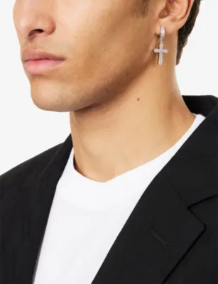 DARKAI Cross 18ct White Gold-Plated Stainless-Steel And Brilliant-Cut Diamond Stone Earrings detail 2