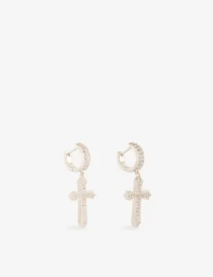 DARKAI Cross 18ct White Gold-Plated Stainless-Steel And Brilliant-Cut Diamond Stone Earrings detail 3