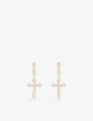 DARKAI Cross 18ct White Gold-Plated Stainless-Steel And Brilliant-Cut Diamond Stone Earrings