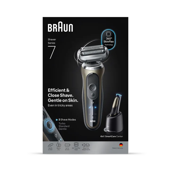 BRAUN Electric Shaver, Series 7, With SmartCare Center, EasyClick Attachments, 72-C7650cc, Gold