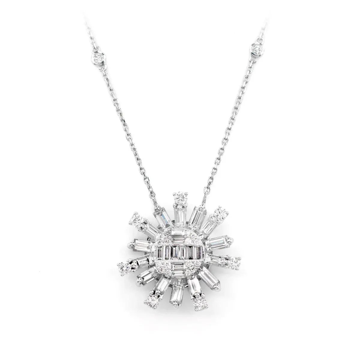 For Him Baguette Diamond Sunburst Necklace in White Gold / 16" / Lab Grown Diamond – Necklace