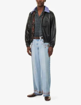 KARTIK RESEARCH Kantha Contrast-Collar Leather Jacket in BLACK PURPLE, additional product view 2