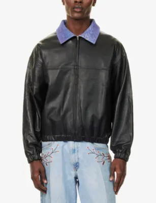 KARTIK RESEARCH Kantha Contrast-Collar Leather Jacket in BLACK PURPLE, additional product view 3