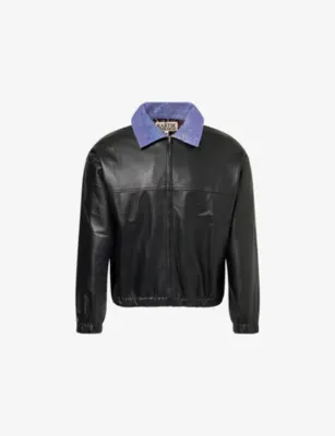 KARTIK RESEARCH Kantha Contrast-Collar Leather Jacket in BLACK PURPLE – Mens | Coats & jackets | Leather jackets | Leather