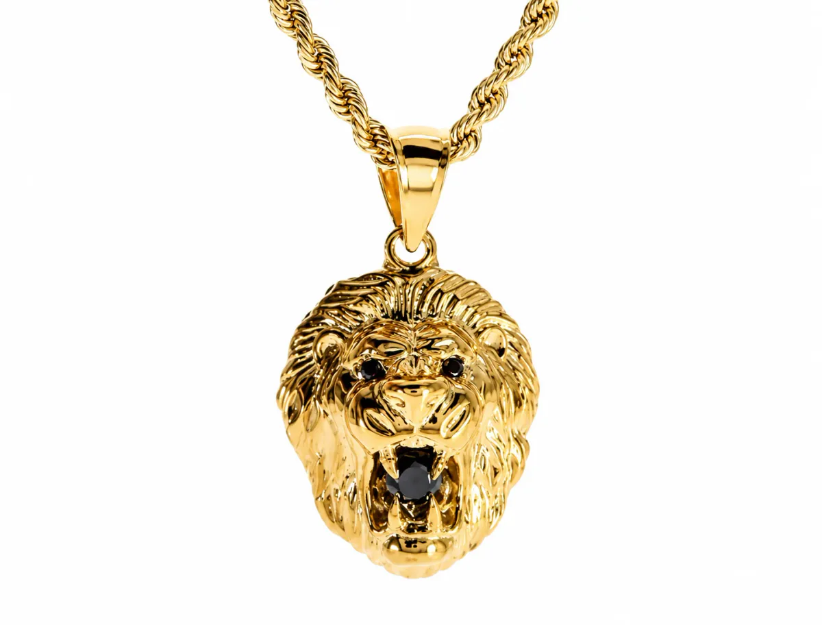 MARYAM - For Him SILVER For Him Black Diamond Lion Pendant and Rope Chain Set 61557 in Yellow / 18 Inches – Pendant