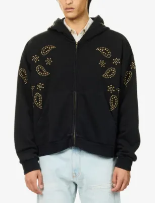 FOUND Stud-Embellished Zip-Up Cotton Hoody in VINTAGE BLACK, additional product view 3