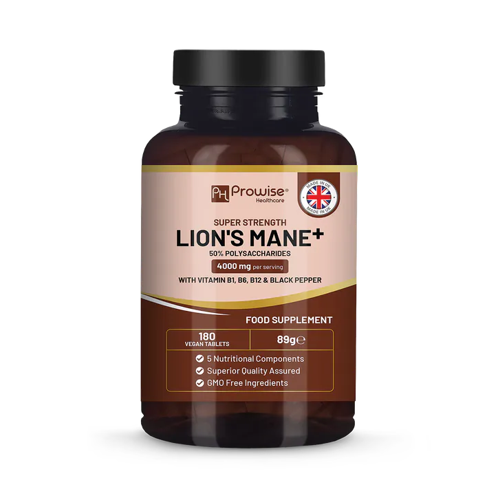 Prowise Healthcare Lions Mane Mushroom Supplement 4000mg with Vitamin B1, B6, B12 & Black Pepper - 180 Super Strength Vegan Tablets
