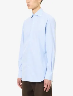 FINAMORE Napoli Striped Long-Sleeve Cotton Shirt in Blu Stripe, additional product view 3
