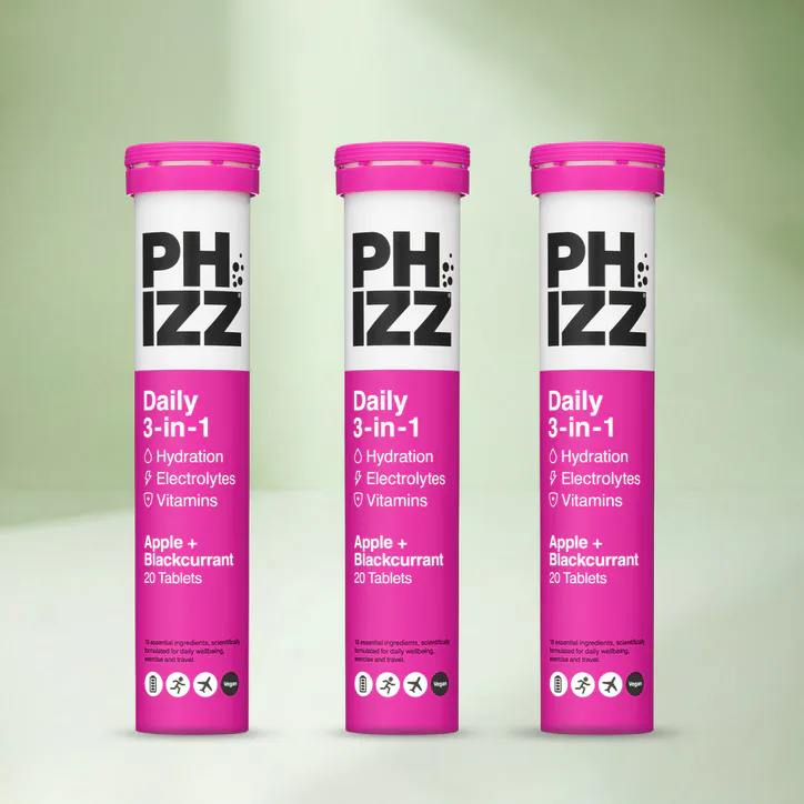 Phizz Daily Energy 3-In-1 Formula, Hydration, Electrolytes & Vitamins Effervescent Tablets Apple & Blackcurrant 3 x 20 Tablets Bundle