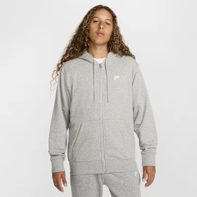 Nike Club Men's Full-Zip French Terry Hoodie - Dark Grey Heather/Light Smoke Grey/White
