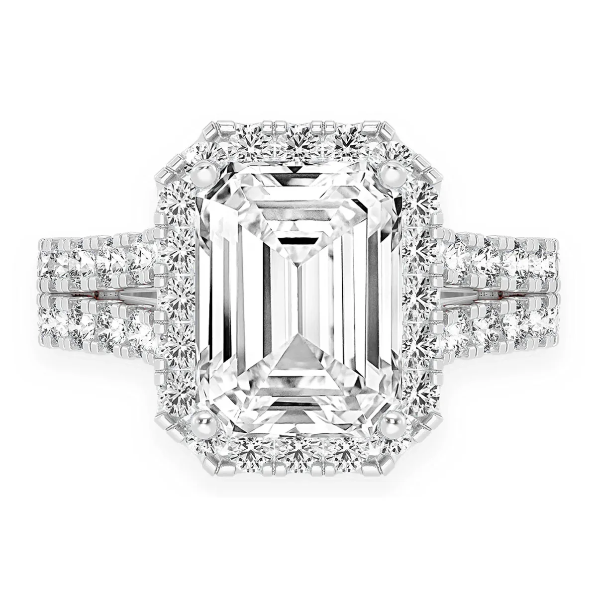 For Him 3ct Emerald Cut Split Shank Halo Diamond Engagement Ring