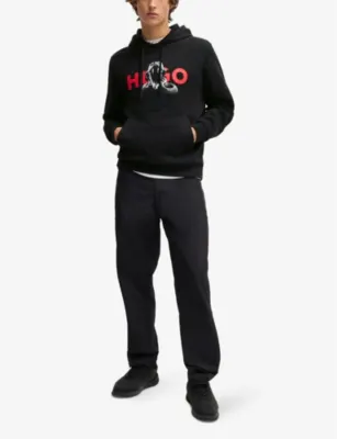 HUGO Branded-print kangaroo-pocket cotton-jersey hoody detail 2