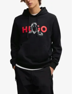 HUGO Branded-print kangaroo-pocket cotton-jersey hoody detail 3