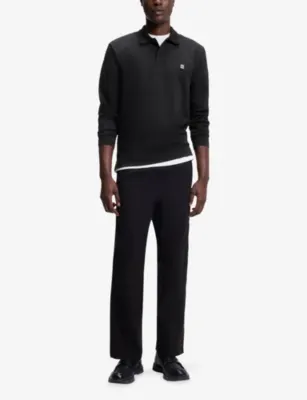 HUGO Stacked Logo-Appliqué Long-Sleeved Stretch Cotton-Blend Polo Shirt detail 2