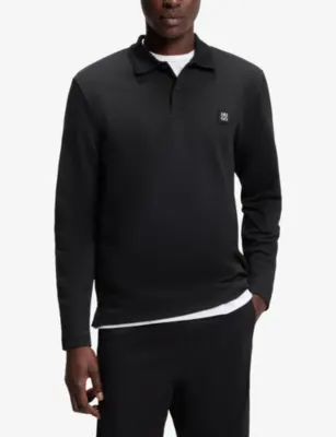 HUGO Stacked Logo-Appliqué Long-Sleeved Stretch Cotton-Blend Polo Shirt detail 3